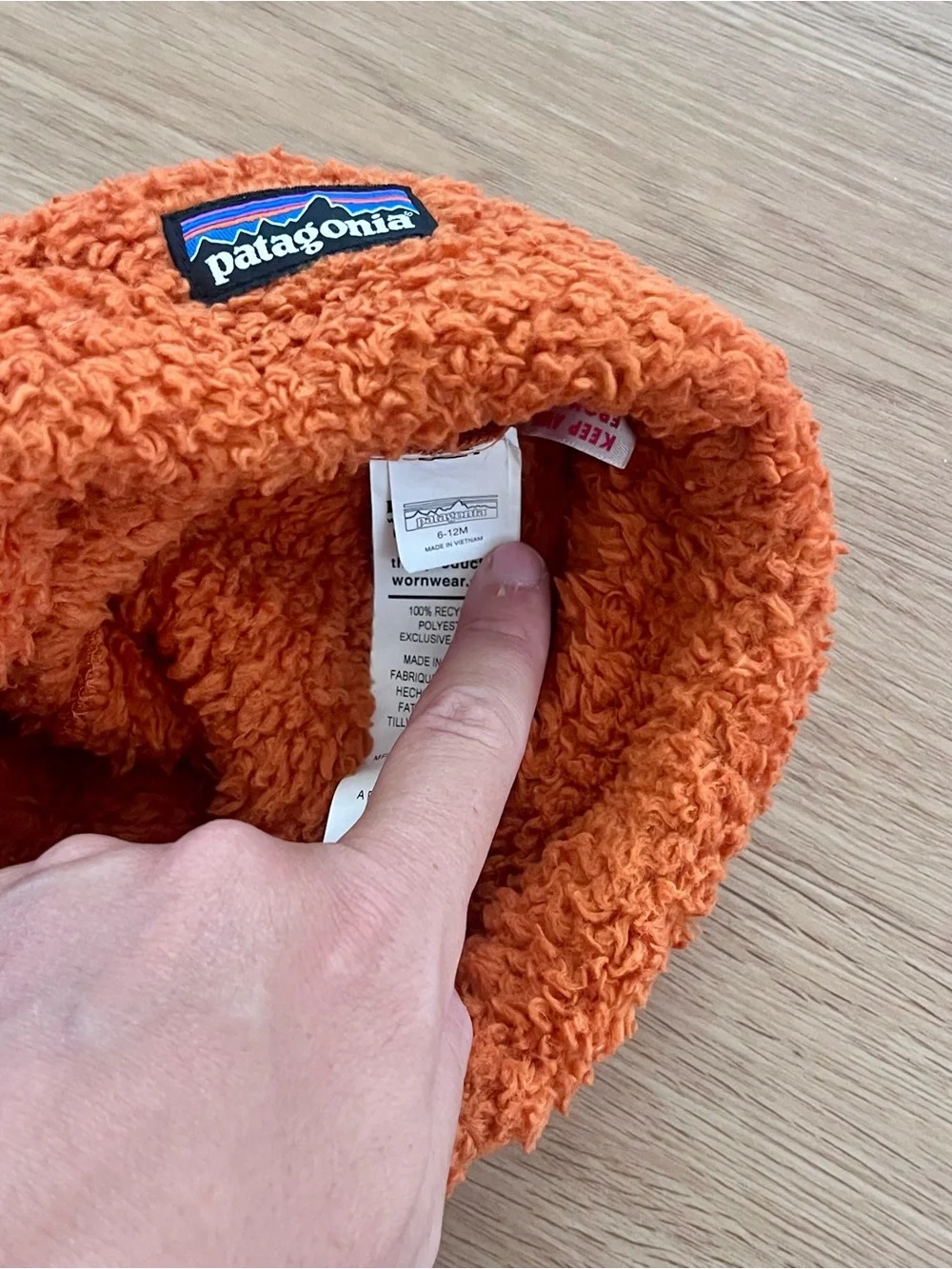 Patagonia baby Orange Fleece beanie hat with ears